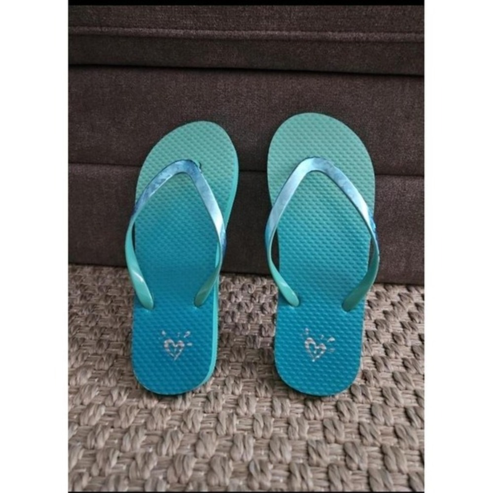 Justice Girls Teal Turquoise Ombre Flip Flops Summer Beach‎ Sandals Size 4/5